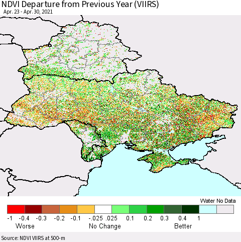Ukraine, Moldova and Belarus NDVI Departure from Previous Year (VIIRS) Thematic Map For 4/21/2021 - 4/30/2021