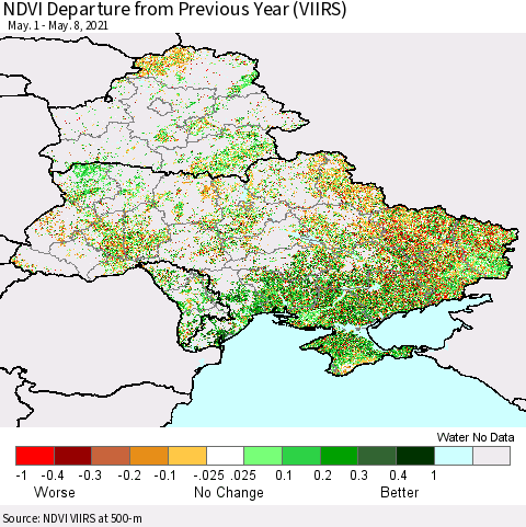 Ukraine, Moldova and Belarus NDVI Departure from Previous Year (VIIRS) Thematic Map For 5/1/2021 - 5/8/2021