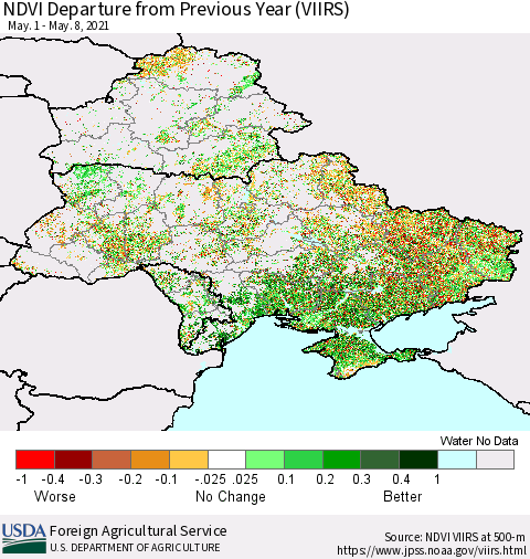 Ukraine, Moldova and Belarus NDVI Departure from Previous Year (VIIRS) Thematic Map For 5/1/2021 - 5/10/2021