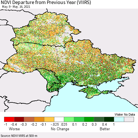 Ukraine, Moldova and Belarus NDVI Departure from Previous Year (VIIRS) Thematic Map For 5/9/2021 - 5/16/2021
