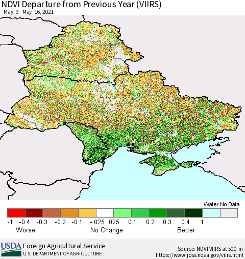 Ukraine, Moldova and Belarus NDVI Departure from Previous Year (VIIRS) Thematic Map For 5/11/2021 - 5/20/2021