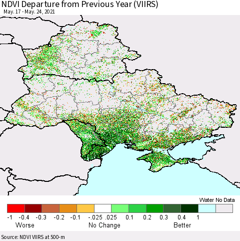 Ukraine, Moldova and Belarus NDVI Departure from Previous Year (VIIRS) Thematic Map For 5/17/2021 - 5/24/2021