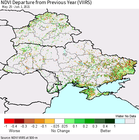 Ukraine, Moldova and Belarus NDVI Departure from Previous Year (VIIRS) Thematic Map For 5/25/2021 - 6/1/2021
