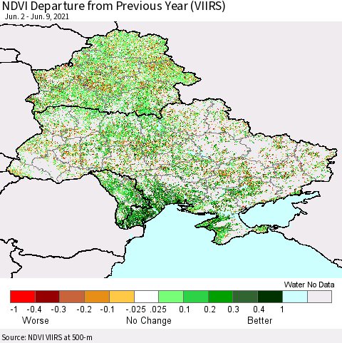 Ukraine, Moldova and Belarus NDVI Departure from Previous Year (VIIRS) Thematic Map For 6/2/2021 - 6/9/2021