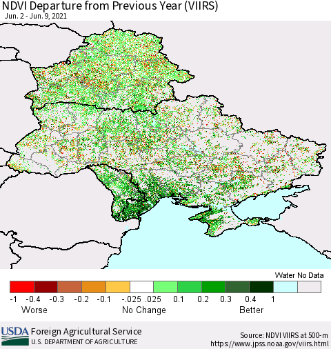 Ukraine, Moldova and Belarus NDVI Departure from Previous Year (VIIRS) Thematic Map For 6/1/2021 - 6/10/2021