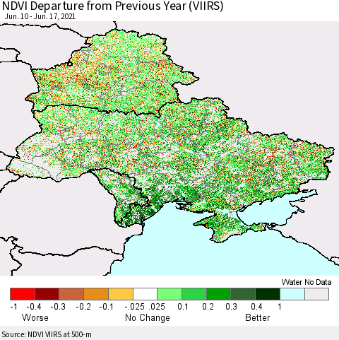 Ukraine, Moldova and Belarus NDVI Departure from Previous Year (VIIRS) Thematic Map For 6/10/2021 - 6/17/2021