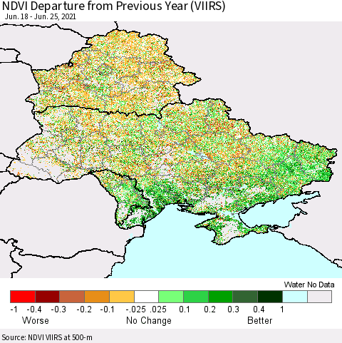 Ukraine, Moldova and Belarus NDVI Departure from Previous Year (VIIRS) Thematic Map For 6/18/2021 - 6/25/2021