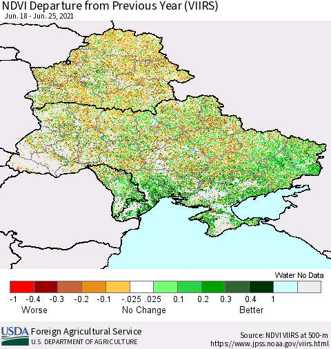 Ukraine, Moldova and Belarus NDVI Departure from Previous Year (VIIRS) Thematic Map For 6/21/2021 - 6/30/2021