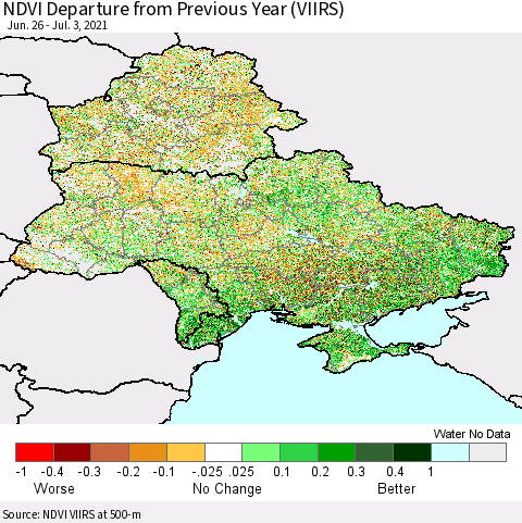 Ukraine, Moldova and Belarus NDVI Departure from Previous Year (VIIRS) Thematic Map For 6/26/2021 - 7/3/2021