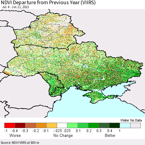 Ukraine, Moldova and Belarus NDVI Departure from Previous Year (VIIRS) Thematic Map For 7/4/2021 - 7/11/2021