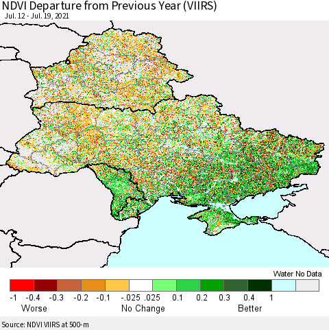 Ukraine, Moldova and Belarus NDVI Departure from Previous Year (VIIRS) Thematic Map For 7/12/2021 - 7/19/2021