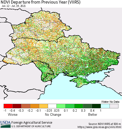 Ukraine, Moldova and Belarus NDVI Departure from Previous Year (VIIRS) Thematic Map For 7/11/2021 - 7/20/2021