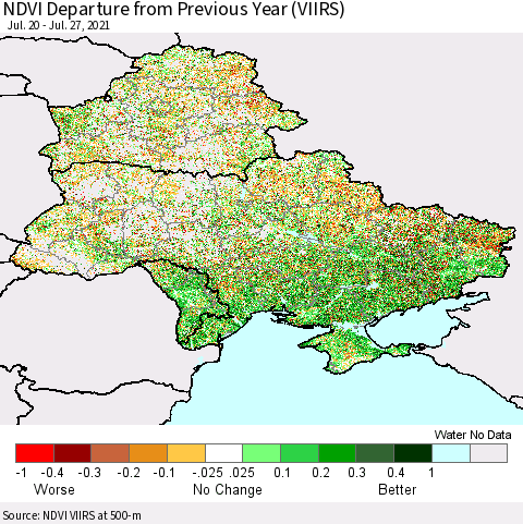 Ukraine, Moldova and Belarus NDVI Departure from Previous Year (VIIRS) Thematic Map For 7/20/2021 - 7/27/2021