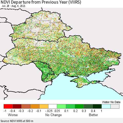 Ukraine, Moldova and Belarus NDVI Departure from Previous Year (VIIRS) Thematic Map For 7/28/2021 - 8/4/2021