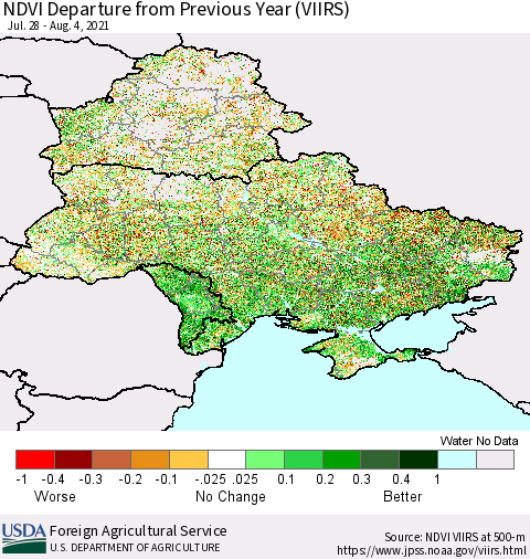 Ukraine, Moldova and Belarus NDVI Departure from Previous Year (VIIRS) Thematic Map For 8/1/2021 - 8/10/2021