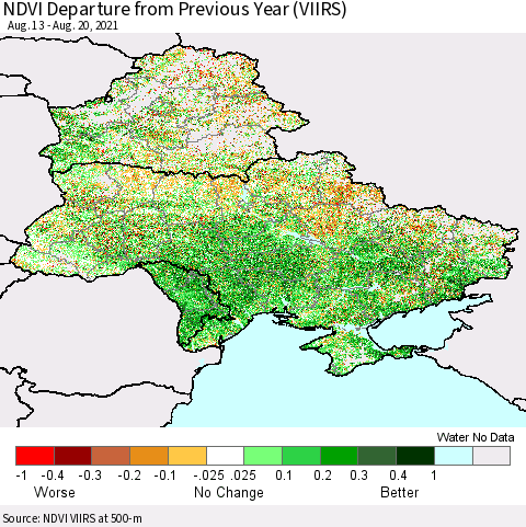 Ukraine, Moldova and Belarus NDVI Departure from Previous Year (VIIRS) Thematic Map For 8/13/2021 - 8/20/2021
