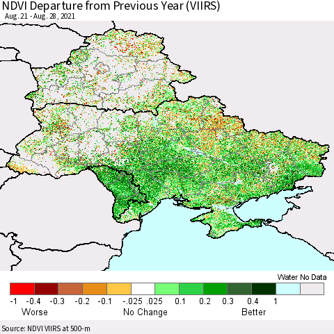 Ukraine, Moldova and Belarus NDVI Departure from Previous Year (VIIRS) Thematic Map For 8/21/2021 - 8/28/2021