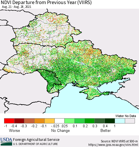 Ukraine, Moldova and Belarus NDVI Departure from Previous Year (VIIRS) Thematic Map For 8/21/2021 - 8/31/2021