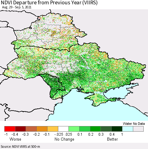 Ukraine, Moldova and Belarus NDVI Departure from Previous Year (VIIRS) Thematic Map For 8/29/2021 - 9/5/2021