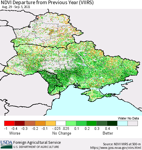 Ukraine, Moldova and Belarus NDVI Departure from Previous Year (VIIRS) Thematic Map For 9/1/2021 - 9/10/2021