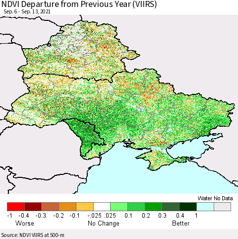 Ukraine, Moldova and Belarus NDVI Departure from Previous Year (VIIRS) Thematic Map For 9/6/2021 - 9/13/2021