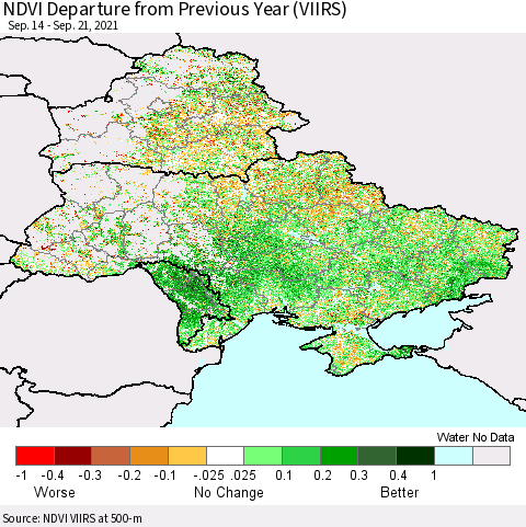 Ukraine, Moldova and Belarus NDVI Departure from Previous Year (VIIRS) Thematic Map For 9/14/2021 - 9/21/2021