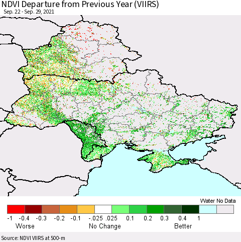 Ukraine, Moldova and Belarus NDVI Departure from Previous Year (VIIRS) Thematic Map For 9/22/2021 - 9/29/2021