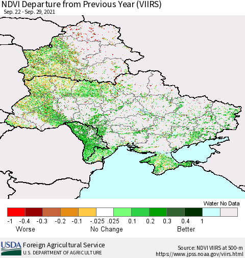 Ukraine, Moldova and Belarus NDVI Departure from Previous Year (VIIRS) Thematic Map For 9/21/2021 - 9/30/2021