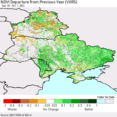 Ukraine, Moldova and Belarus NDVI Departure from Previous Year (VIIRS) Thematic Map For 9/30/2021 - 10/7/2021