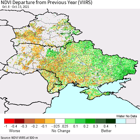 Ukraine, Moldova and Belarus NDVI Departure from Previous Year (VIIRS) Thematic Map For 10/8/2021 - 10/15/2021