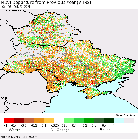 Ukraine, Moldova and Belarus NDVI Departure from Previous Year (VIIRS) Thematic Map For 10/16/2021 - 10/23/2021