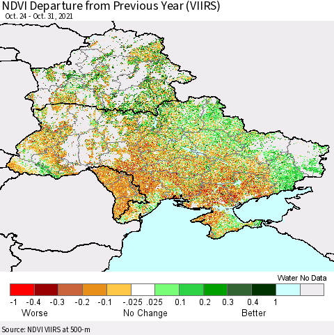Ukraine, Moldova and Belarus NDVI Departure from Previous Year (VIIRS) Thematic Map For 10/21/2021 - 10/31/2021