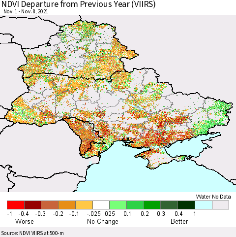 Ukraine, Moldova and Belarus NDVI Departure from Previous Year (VIIRS) Thematic Map For 11/1/2021 - 11/8/2021
