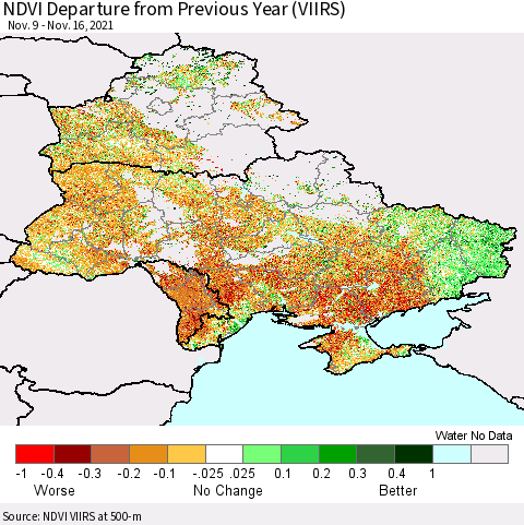 Ukraine, Moldova and Belarus NDVI Departure from Previous Year (VIIRS) Thematic Map For 11/9/2021 - 11/16/2021