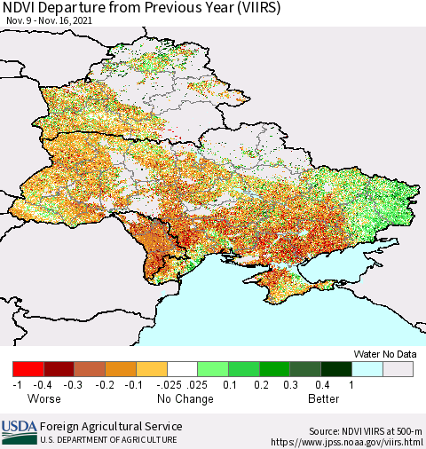 Ukraine, Moldova and Belarus NDVI Departure from Previous Year (VIIRS) Thematic Map For 11/11/2021 - 11/20/2021