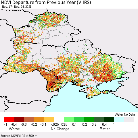 Ukraine, Moldova and Belarus NDVI Departure from Previous Year (VIIRS) Thematic Map For 11/17/2021 - 11/24/2021