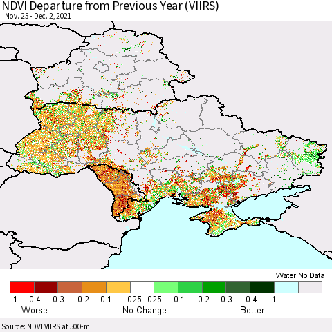 Ukraine, Moldova and Belarus NDVI Departure from Previous Year (VIIRS) Thematic Map For 11/25/2021 - 12/2/2021