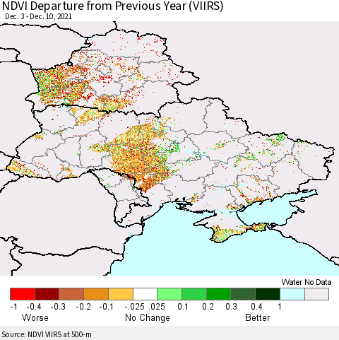Ukraine, Moldova and Belarus NDVI Departure from Previous Year (VIIRS) Thematic Map For 12/1/2021 - 12/10/2021