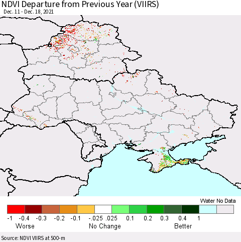 Ukraine, Moldova and Belarus NDVI Departure from Previous Year (VIIRS) Thematic Map For 12/11/2021 - 12/18/2021