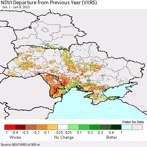 Ukraine, Moldova and Belarus NDVI Departure from Previous Year (VIIRS) Thematic Map For 1/1/2022 - 1/8/2022