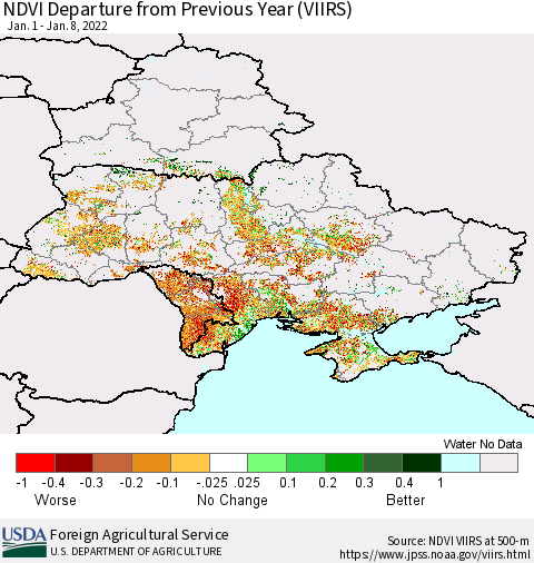 Ukraine, Moldova and Belarus NDVI Departure from Previous Year (VIIRS) Thematic Map For 1/1/2022 - 1/10/2022