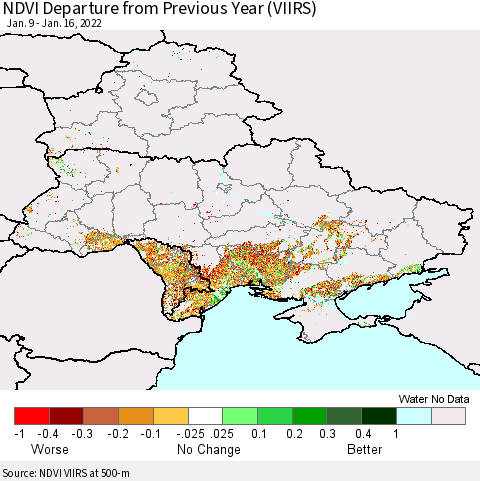 Ukraine, Moldova and Belarus NDVI Departure from Previous Year (VIIRS) Thematic Map For 1/9/2022 - 1/16/2022