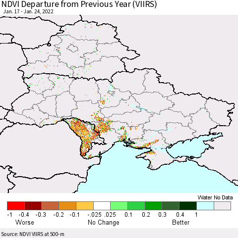 Ukraine, Moldova and Belarus NDVI Departure from Previous Year (VIIRS) Thematic Map For 1/17/2022 - 1/24/2022