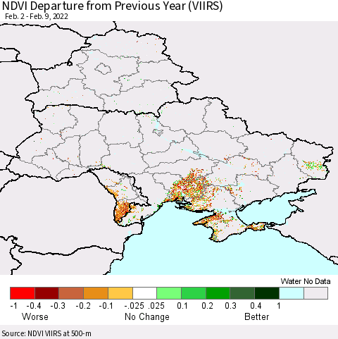 Ukraine, Moldova and Belarus NDVI Departure from Previous Year (VIIRS) Thematic Map For 2/2/2022 - 2/9/2022