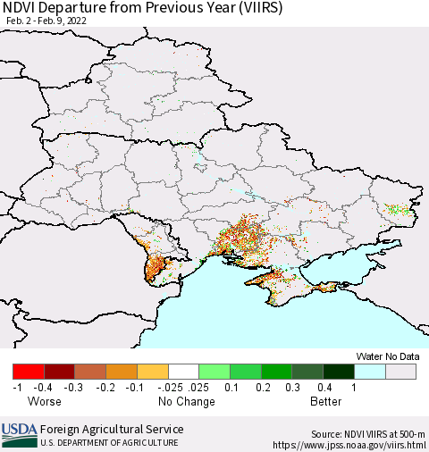 Ukraine, Moldova and Belarus NDVI Departure from Previous Year (VIIRS) Thematic Map For 2/1/2022 - 2/10/2022