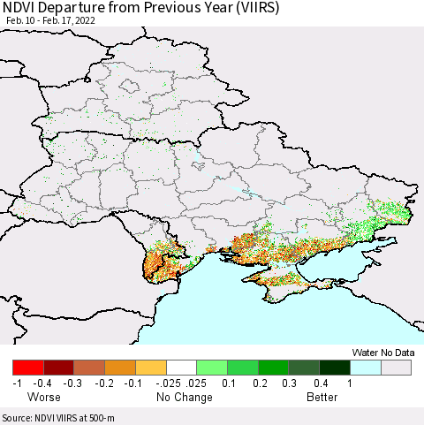 Ukraine, Moldova and Belarus NDVI Departure from Previous Year (VIIRS) Thematic Map For 2/10/2022 - 2/17/2022