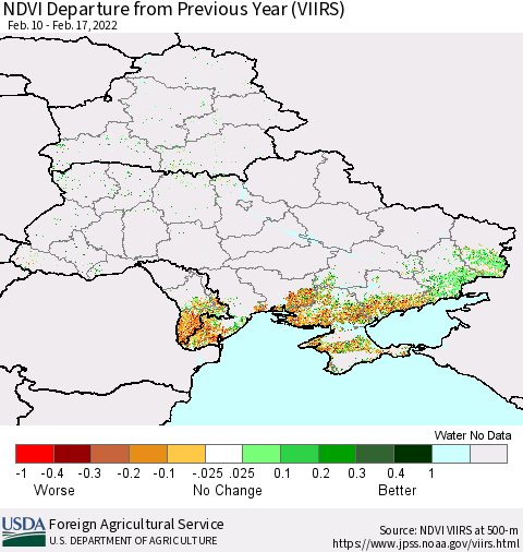 Ukraine, Moldova and Belarus NDVI Departure from Previous Year (VIIRS) Thematic Map For 2/11/2022 - 2/20/2022