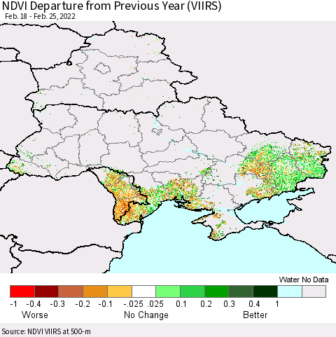 Ukraine, Moldova and Belarus NDVI Departure from Previous Year (VIIRS) Thematic Map For 2/18/2022 - 2/25/2022