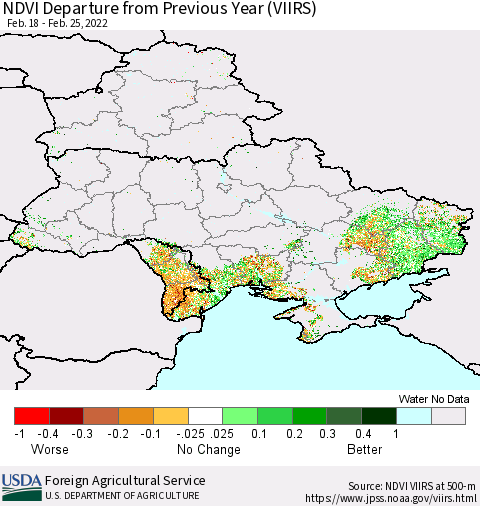 Ukraine, Moldova and Belarus NDVI Departure from Previous Year (VIIRS) Thematic Map For 2/21/2022 - 2/28/2022