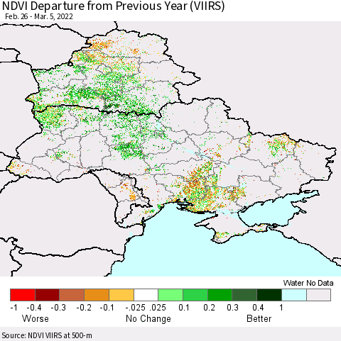 Ukraine, Moldova and Belarus NDVI Departure from Previous Year (VIIRS) Thematic Map For 2/26/2022 - 3/5/2022
